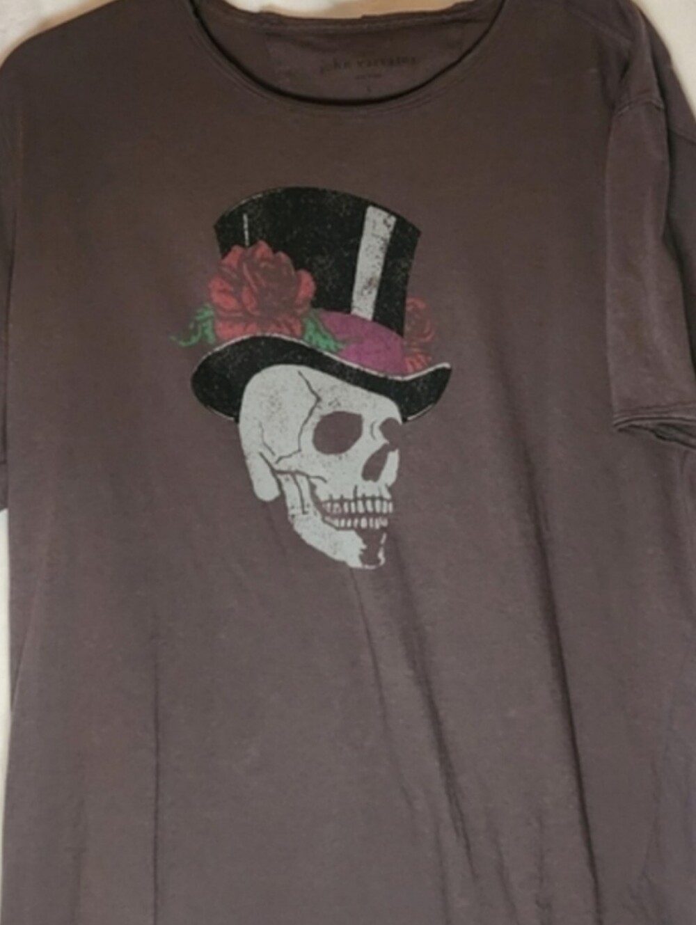 John Varvatos Skull Graphic T-Shirt Brown Top Hat Rose Men's Large Rock Punk Tee